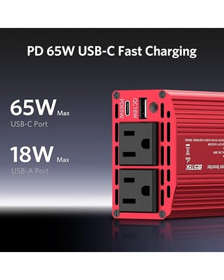 BESTEK 300W Car Power Inverter with 65W USB-C and QC3.0 Ports - 12V DC to 110V AC Converter